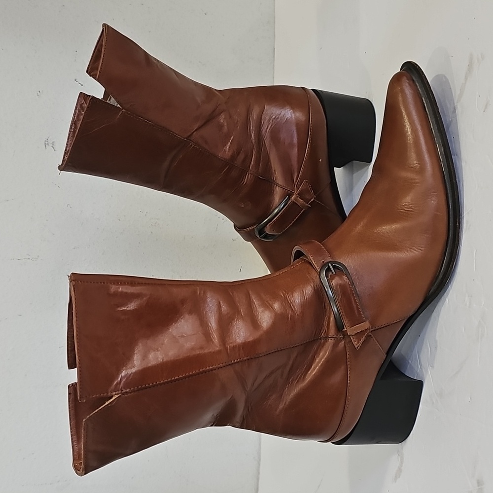 Park Lane Leather Chelsea  Brown Boots Size 8.5 Made In Italy Low Heel Buckle